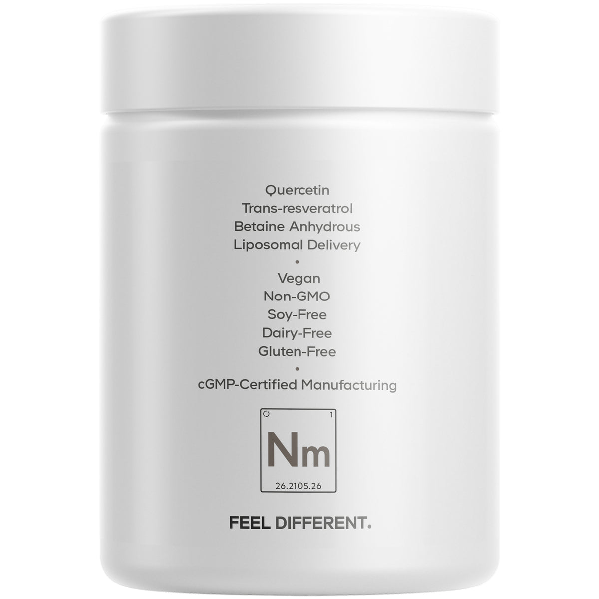 CDG040 | Back of white supplement jar with icons and text: Riboflavin & B12; Liposomal Blend; Non GMO; cGMP Certified Manufacturing