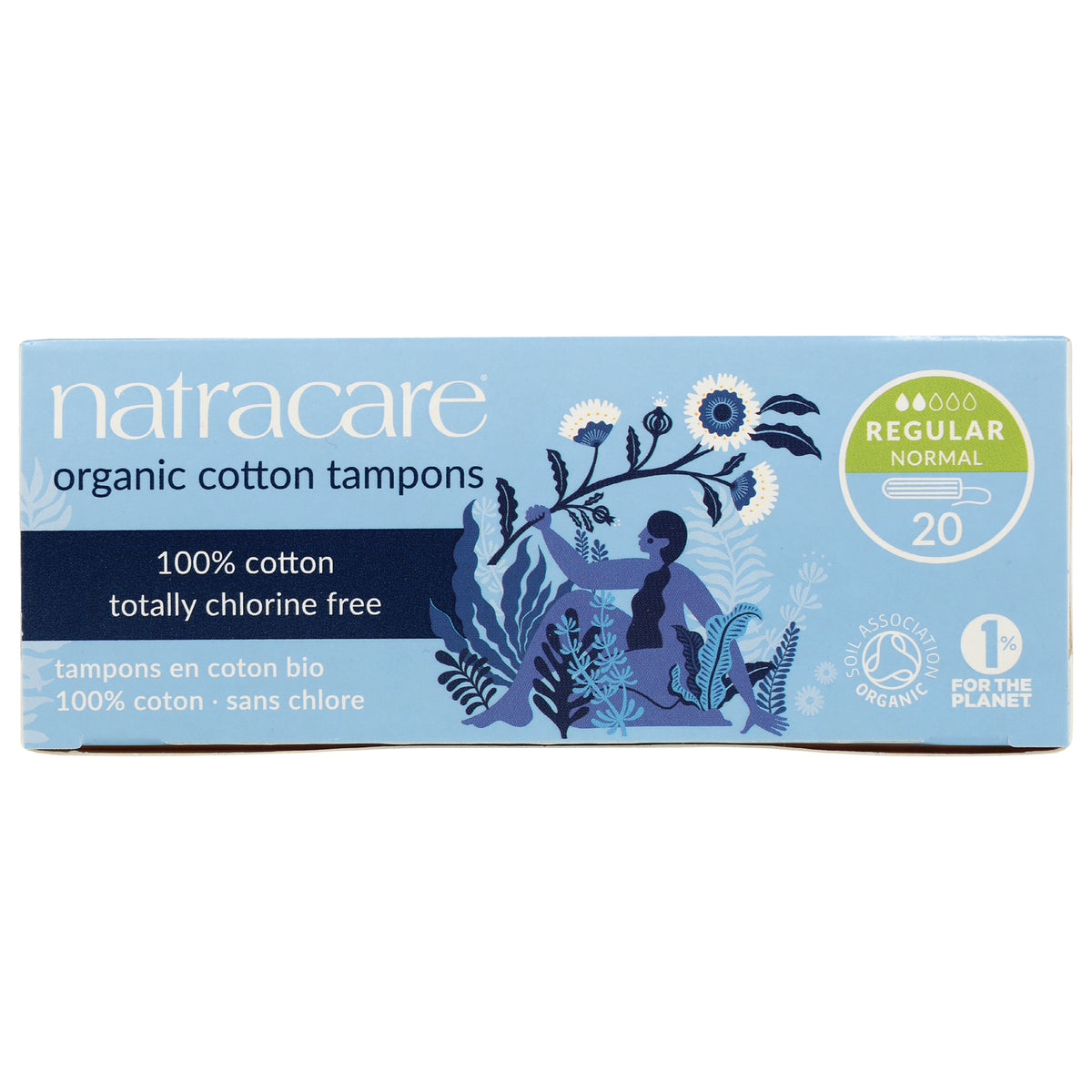 NCR001 | Natracare organic cotton tampons regular 20 count blue box 100% cotton totally chlorine free