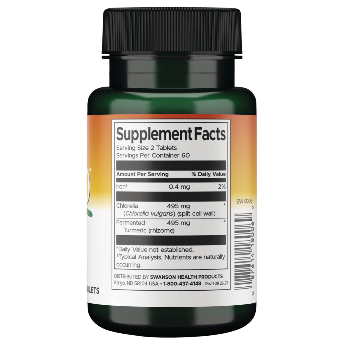 SWK006 | Back bottle with Supplement Facts panel showing Chlorella 495 mg and fermented turmeric 495 mg