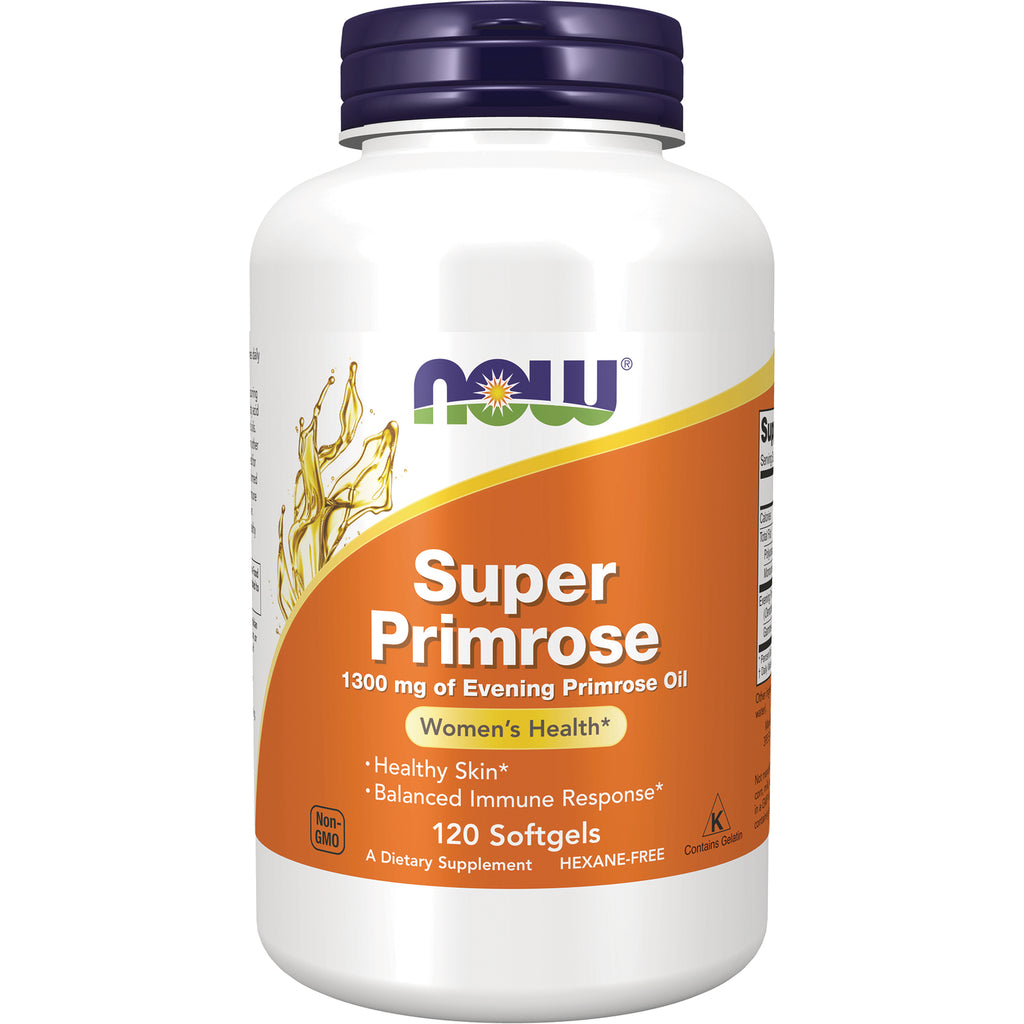 NWF353 | White bottle of NOW Super Primrose 1300 mg evening primrose oil, 120 softgels label Women's Health - Thumbnail