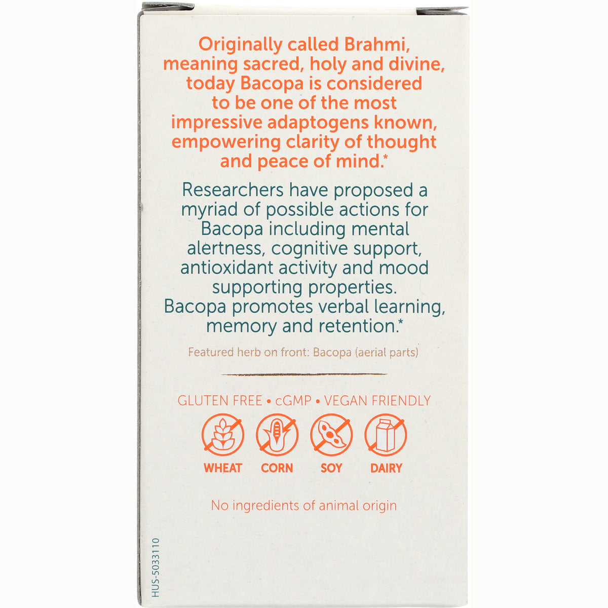 HHH004 | Back of supplement box describing Bacopa benefits with gluten free icons for wheat, corn, soy, dairy and no ingredients of animal origin