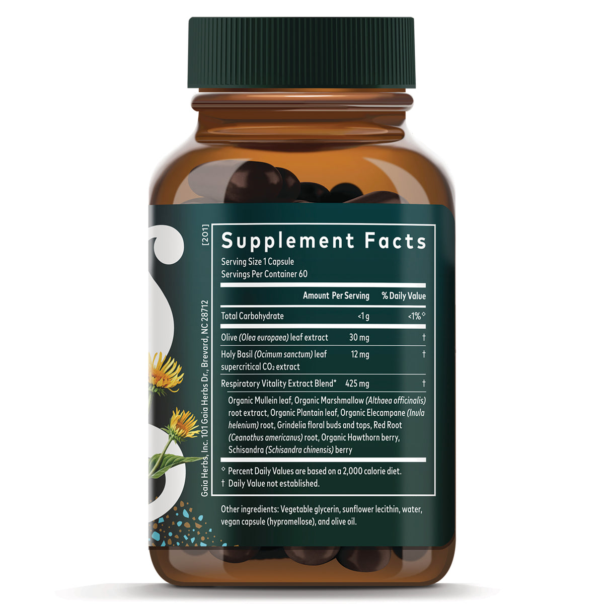 Supplement Facts panel on back of amber bottle showing serving size, ingredient list, and dark capsules inside