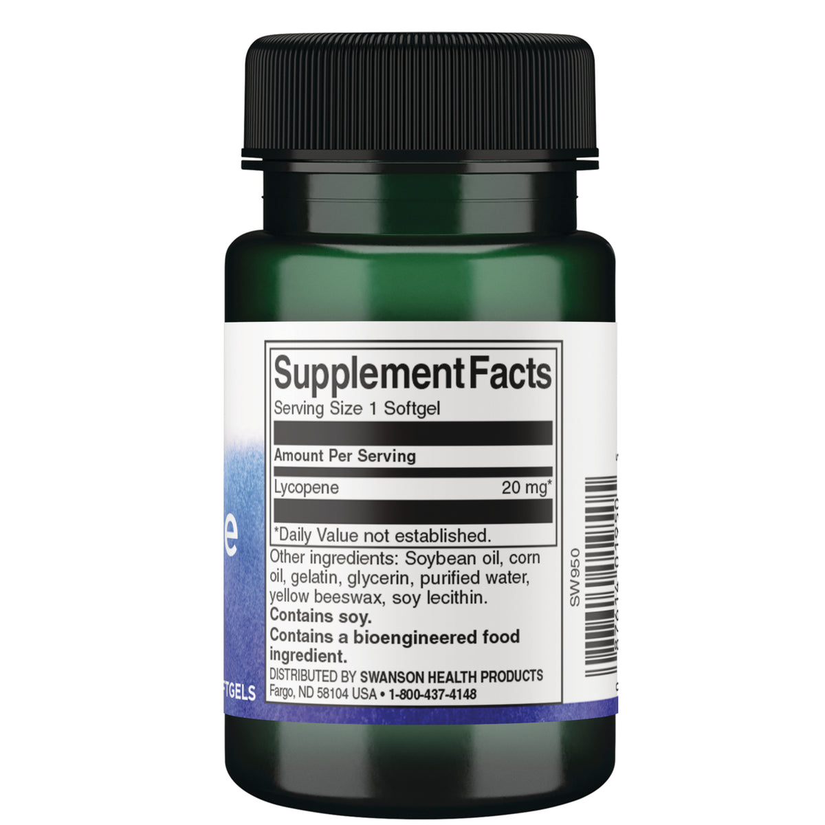 SW950 | Back label with Supplement Facts for lycopene 20 mg; ingredients list; contains soy