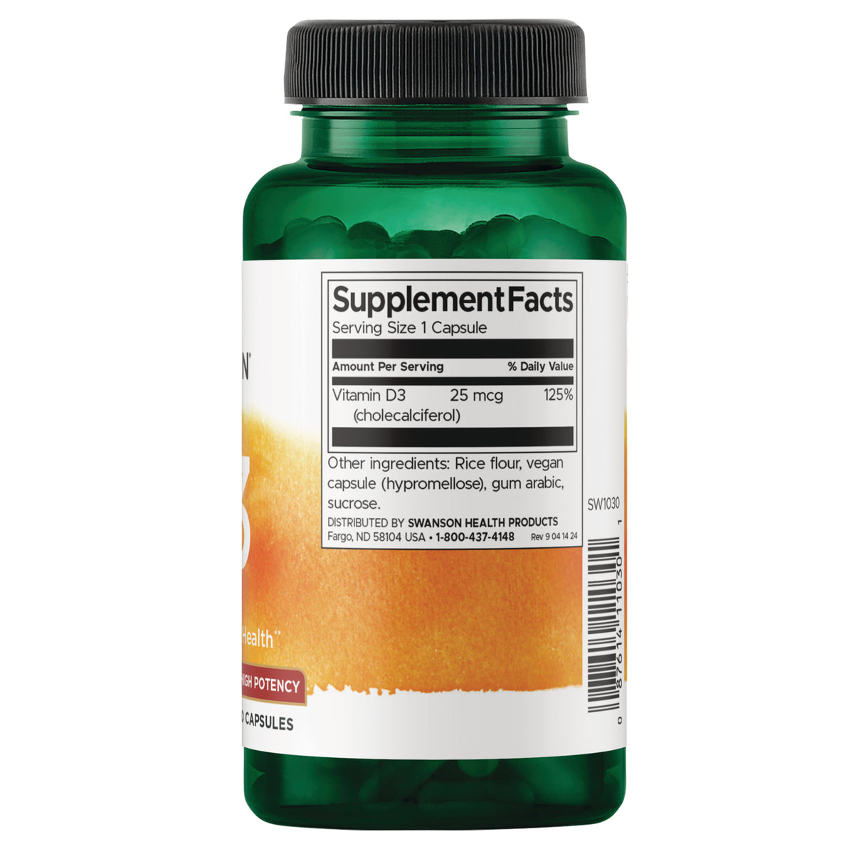 SW1030 | Back label with Supplement Facts: Vitamin D3 25 mcg, 125% DV; ingredients list and barcode
