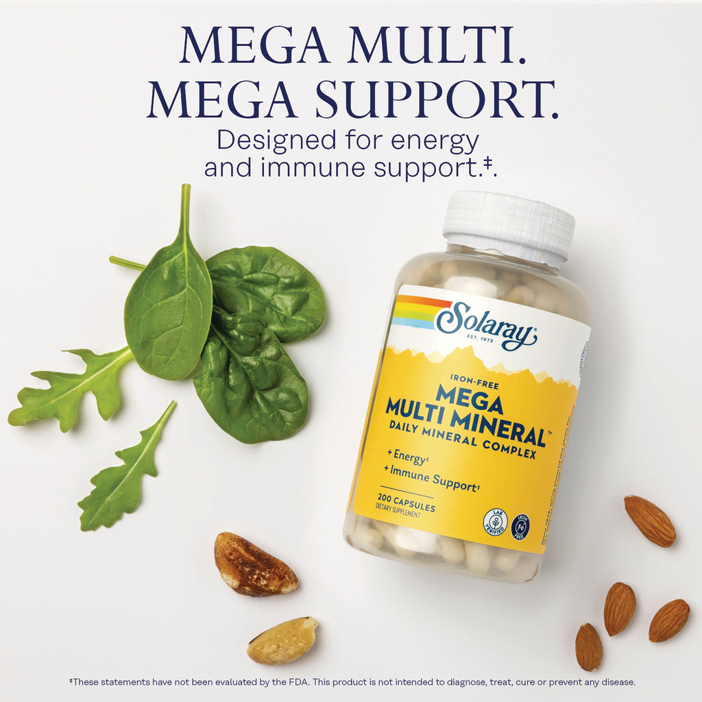 SLR279 | Solaray Mega Multi Mineral bottle with capsules beside spinach leaves and almonds, product benefit text visible - Thumbnail
