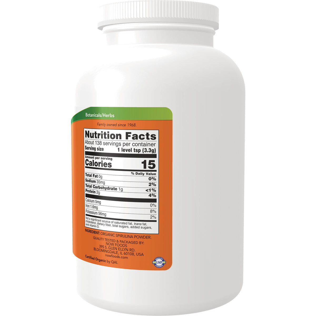 NWF911 | Nutrition Facts label on back of white supplement bottle with orange panel showing Calories 15