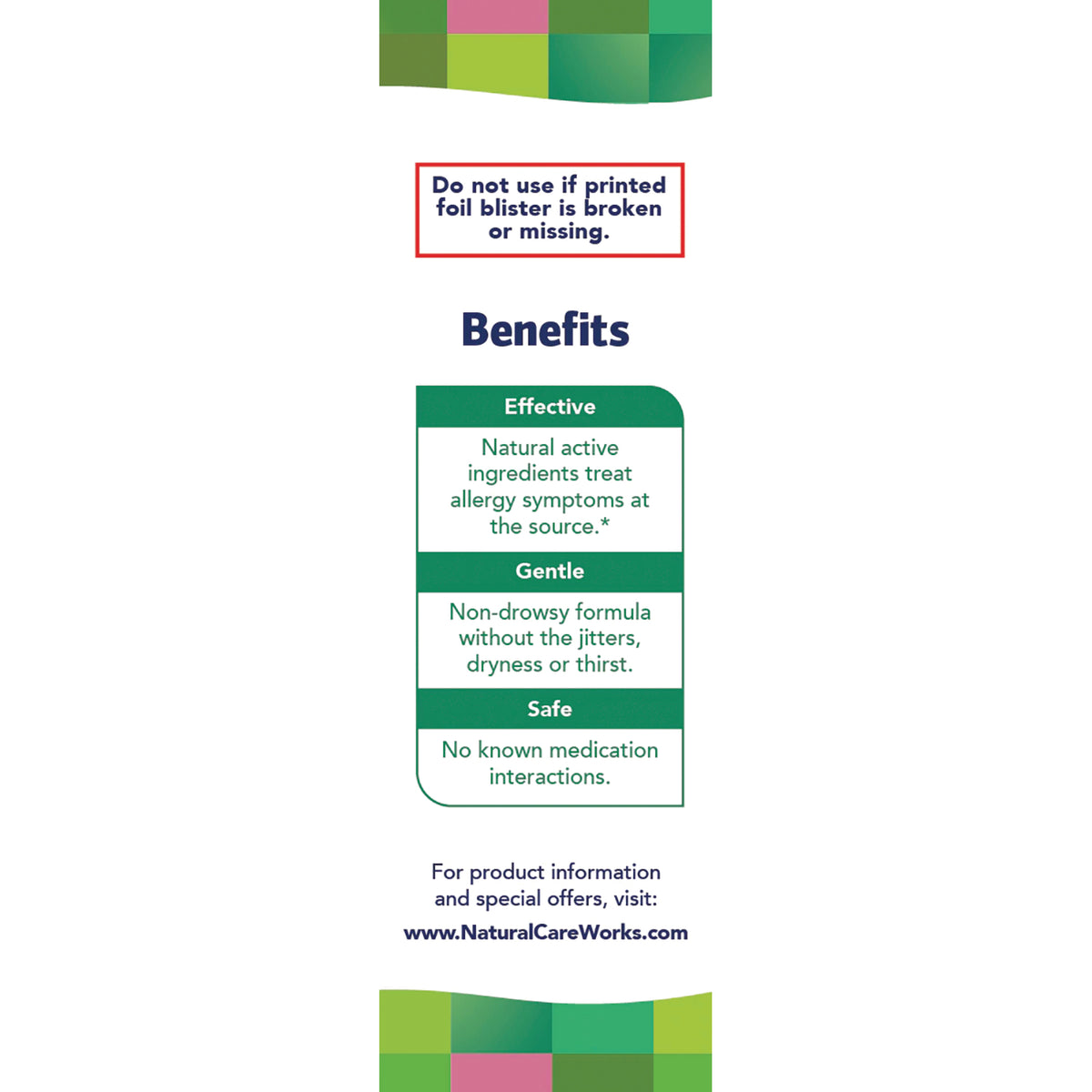 NTB033 | Back panel listing Benefits with sections Effective, Gentle, Safe and website www.NaturalCareWorks.com