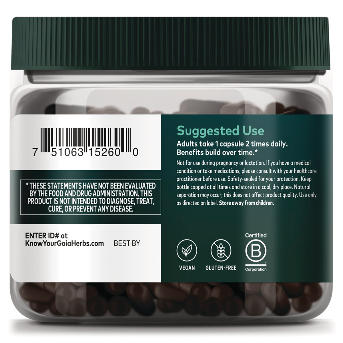 Bottle back label with Suggested Use instructions, barcode, certification icons (vegan, gluten-free)