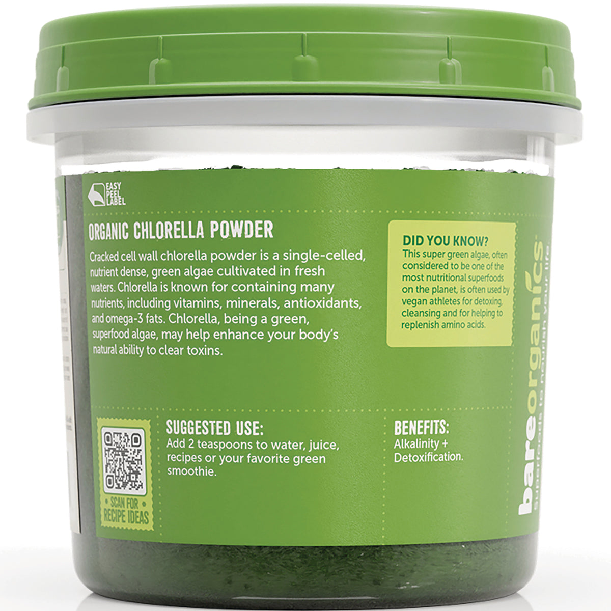 BOR006 | back label of green tub of organic chlorella powder showing suggested use, benefits, and informational box