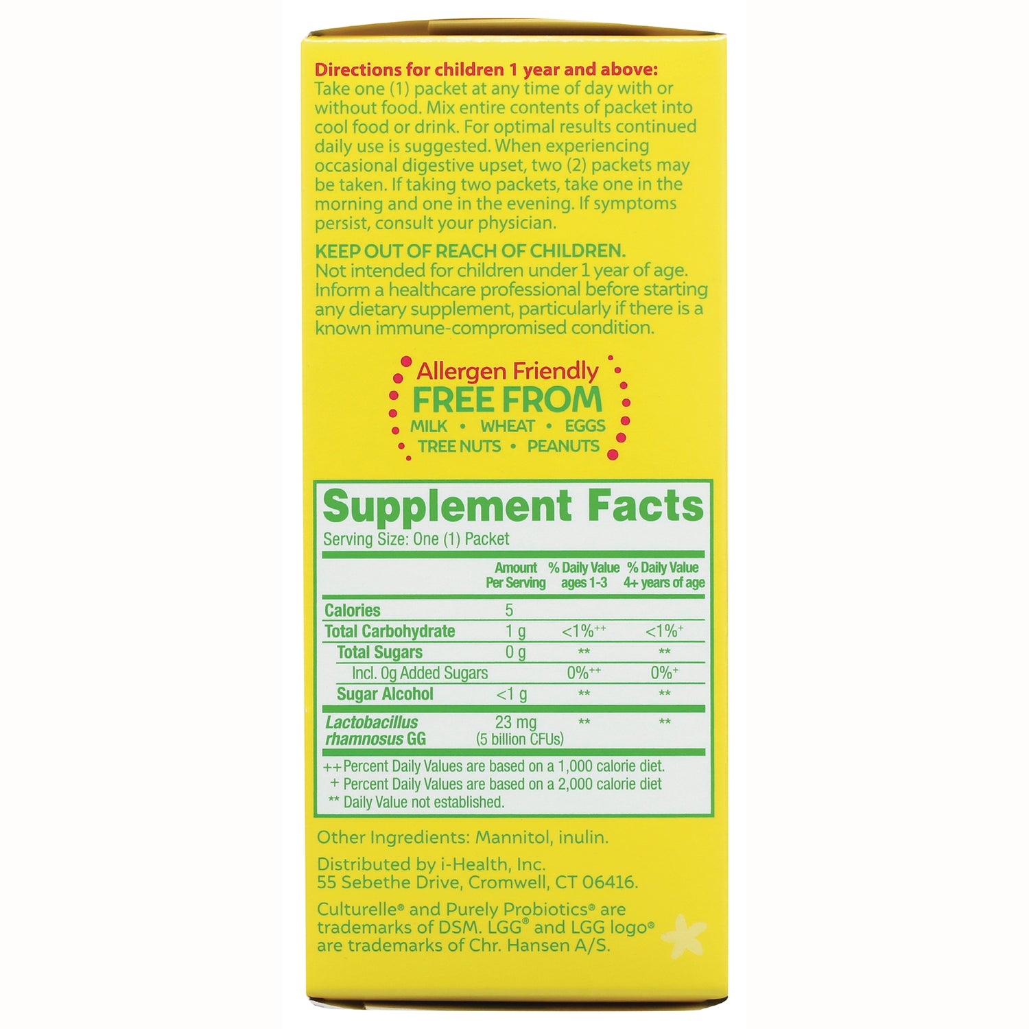 CUL002 | Back of yellow box showing Supplement Facts panel, allergen friendly FREE FROM statement and usage directions