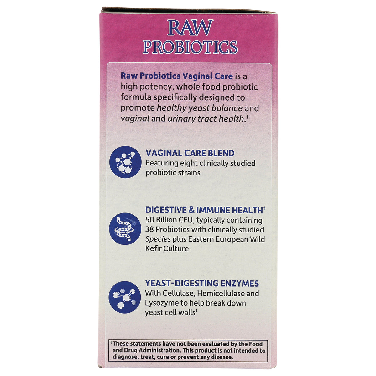 GLF154 | back of Raw Probiotics box listing Vaginal Care Blend, Digestive & Immune Health, and yeast-digesting enzymes