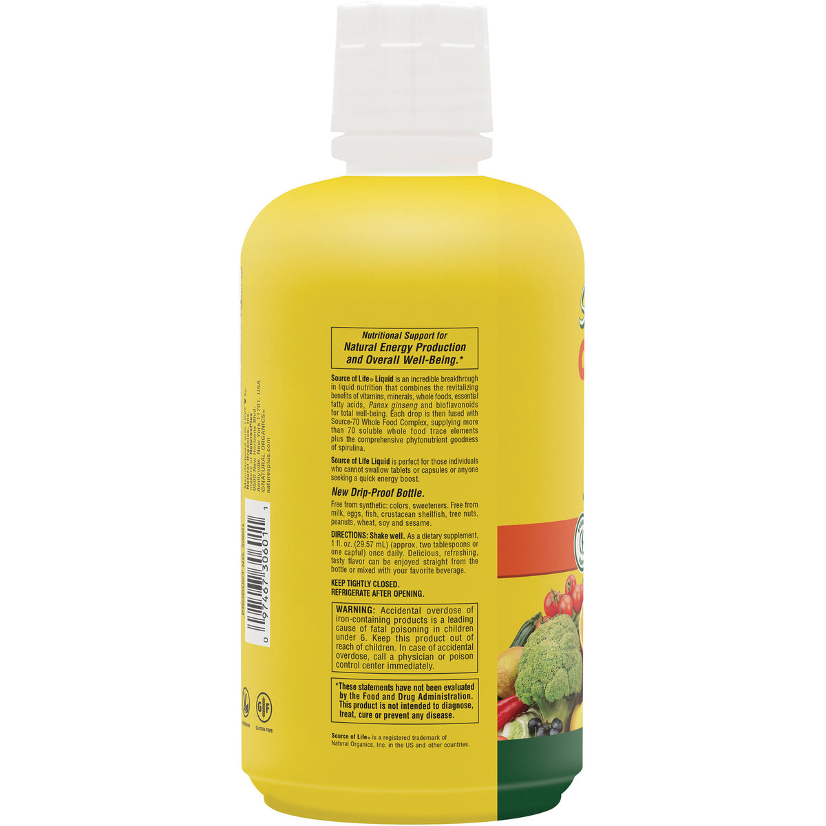 NTP051 | Back of yellow supplement bottle showing nutrition, directions, warning text and barcode