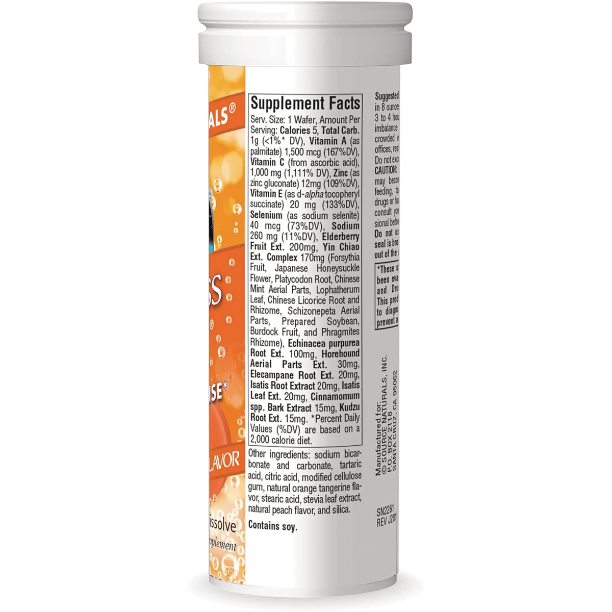 SN273 | Back of effervescent vitamin supplement tube with Supplement Facts and ingredients panel