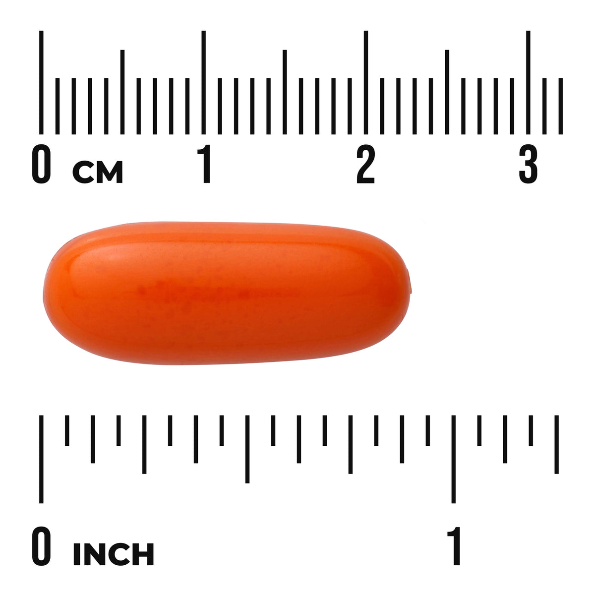 SWU345 | Orange oblong softgel shown to scale with rulers in centimeters and inches