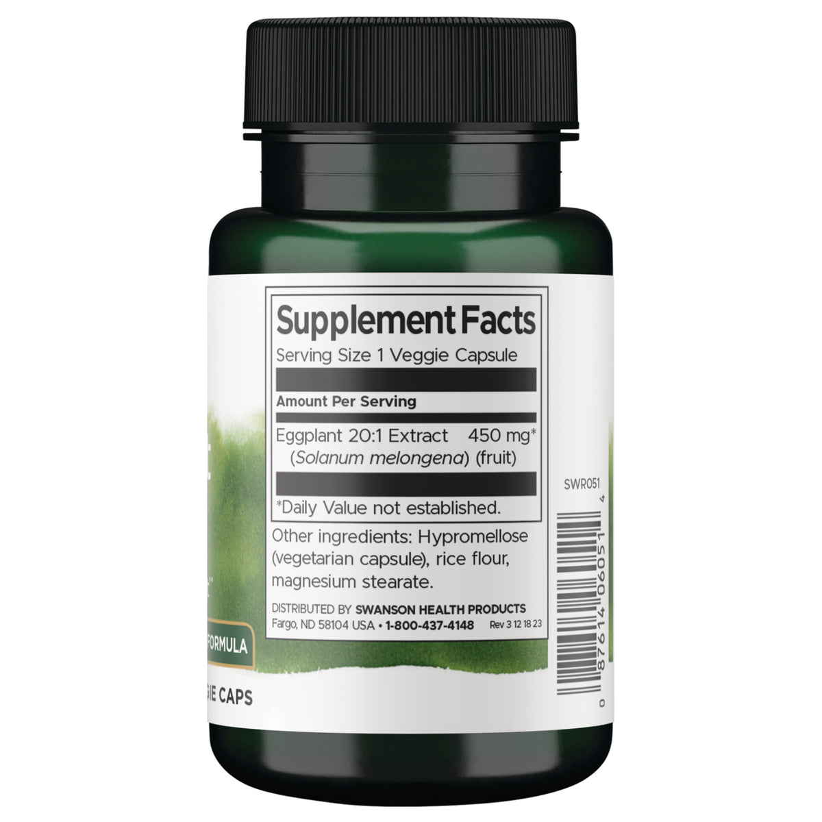 SWR051 | Supplement Facts label with Eggplant 20:1 Extract 450 mg, serving size 1 veggie capsule