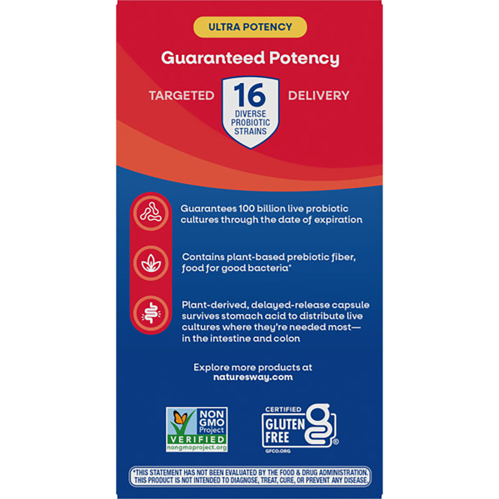 NW804 | Back of blue probiotic box stating Advanced Care formula with 100 billion live cultures, Non-GMO and Gluten Free - Thumbnail