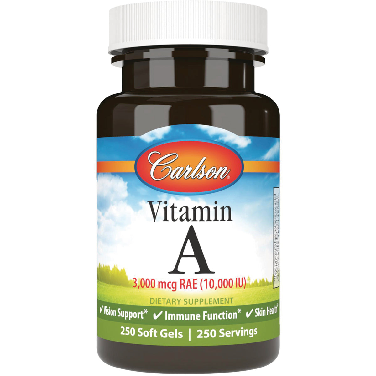 CSN270 | Carlson Vitamin A supplement bottle labeled 3,000 mcg RAE (10,000 IU), 250 soft gels