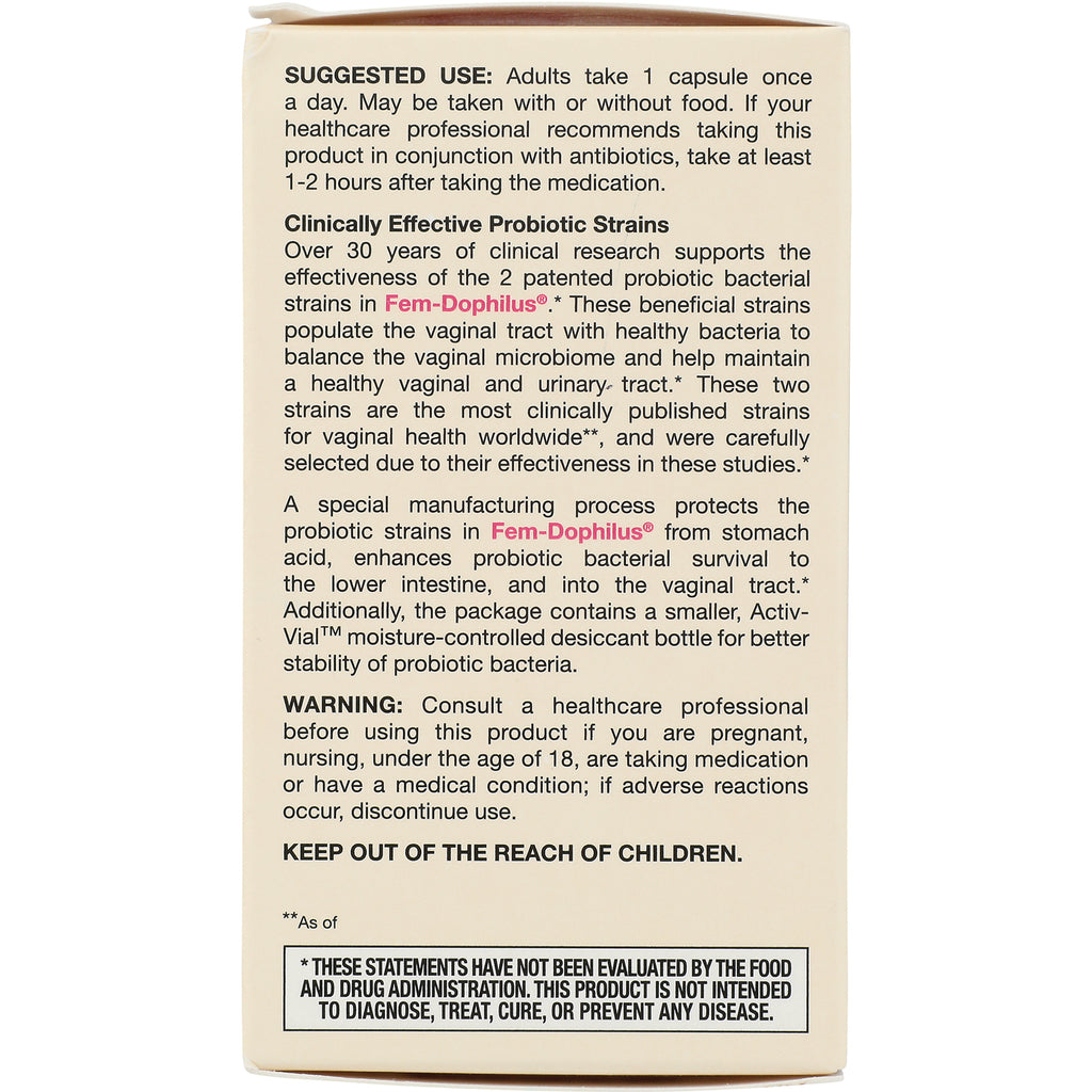 JR180 | back of beige probiotic supplement box showing suggested use, probiotic strain information and warning text - Thumbnail