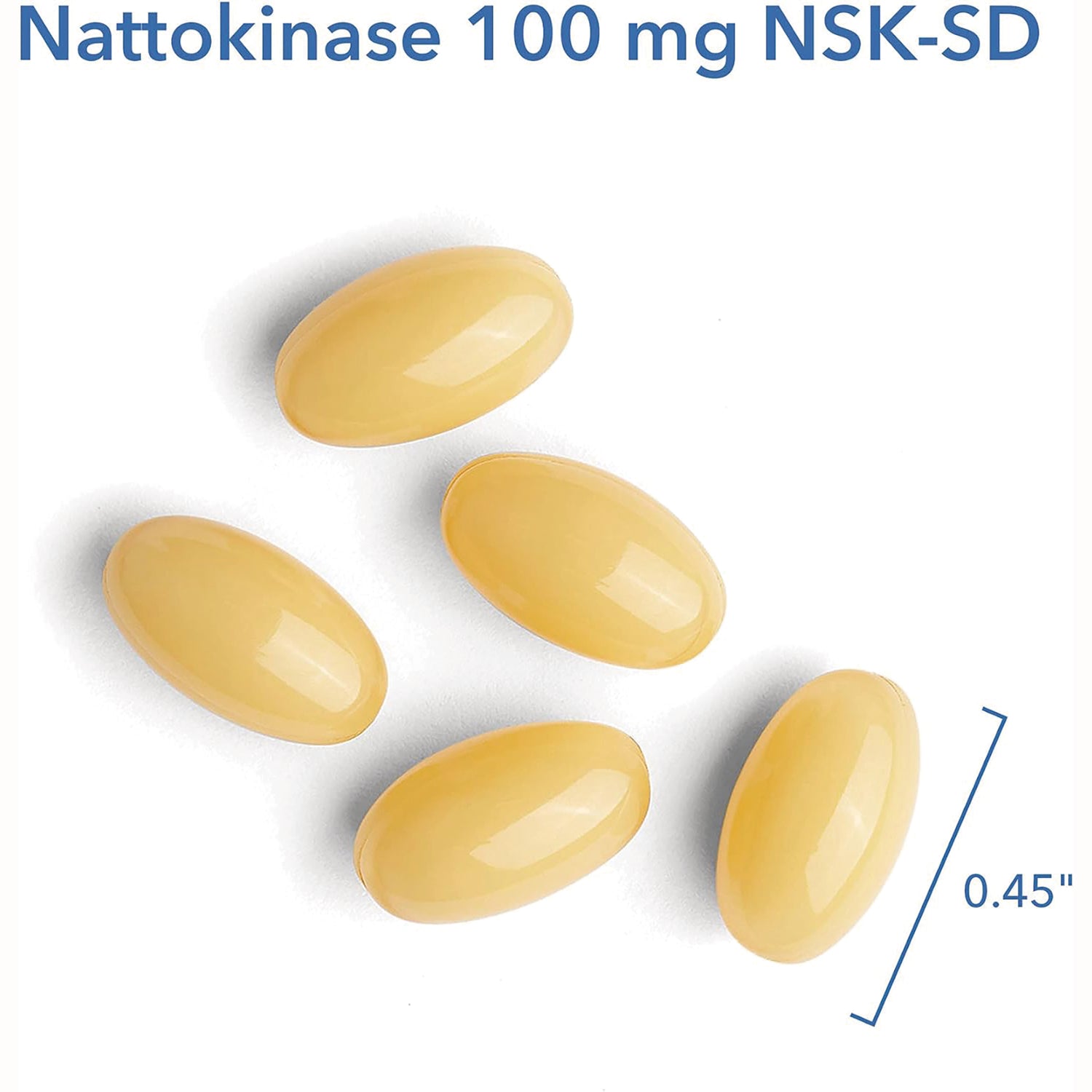 ARG010 | product infographic showing five yellow oval softgel capsules labeled Nattokinase 100 mg NSK-SD and 0.45\