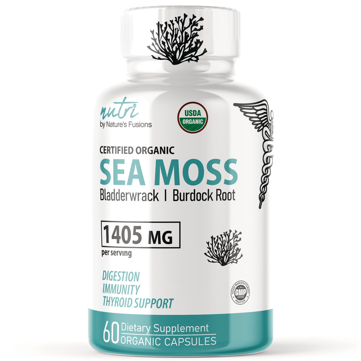 NFU005 | White bottle of certified organic Sea Moss capsules labeled 1405 MG per serving and 60 organic capsules