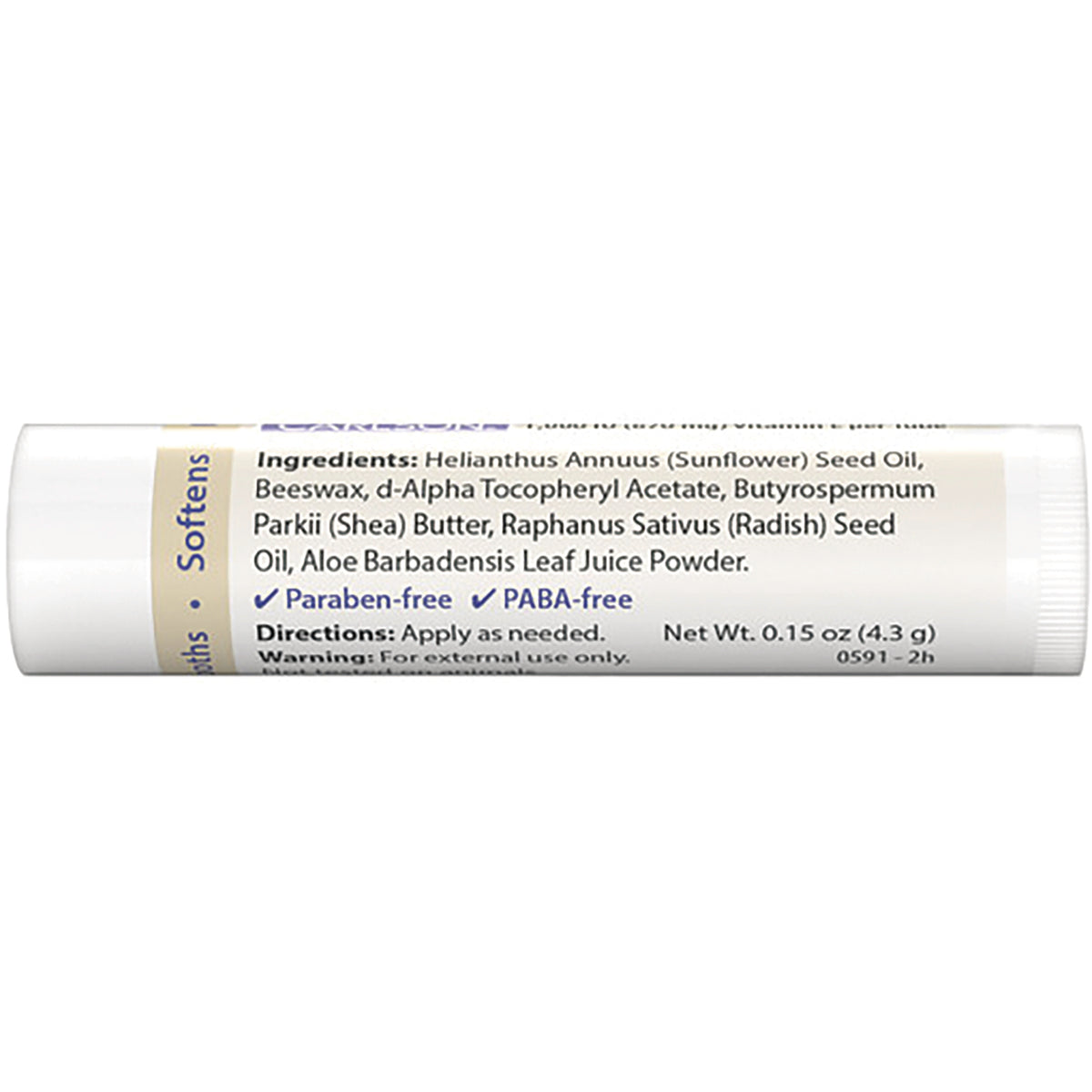 CSN240 | Back of lip balm tube showing ingredients list, Paraben-free and PABA-free labels and net wt 0.15 oz