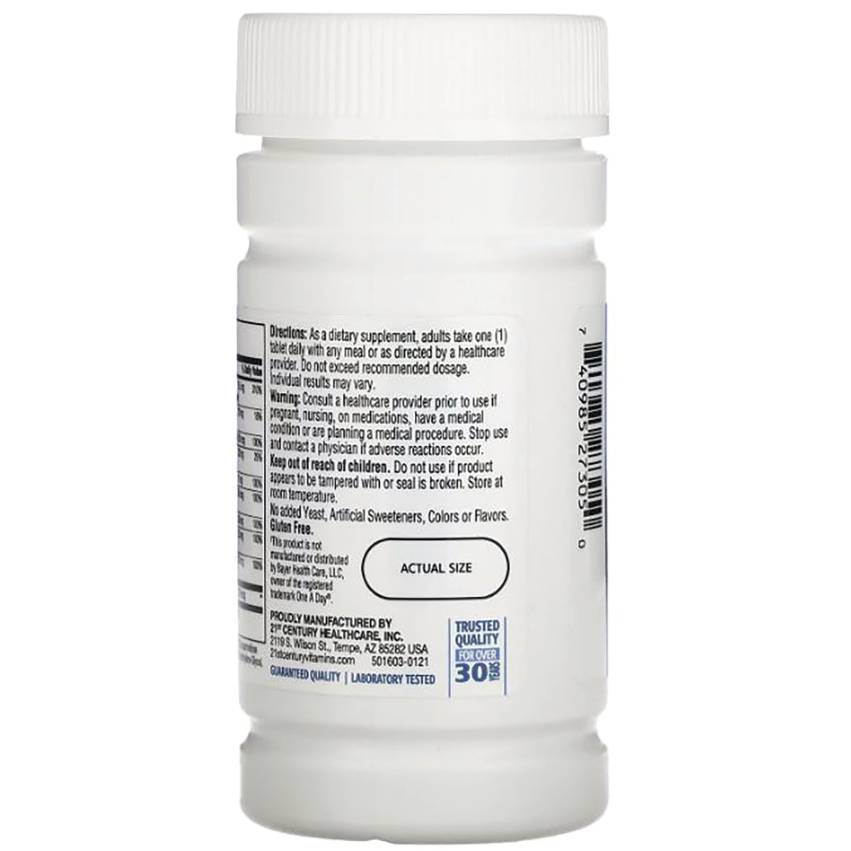 CNT216 | back of white supplement bottle showing directions, warnings, barcode and ACTUAL SIZE label