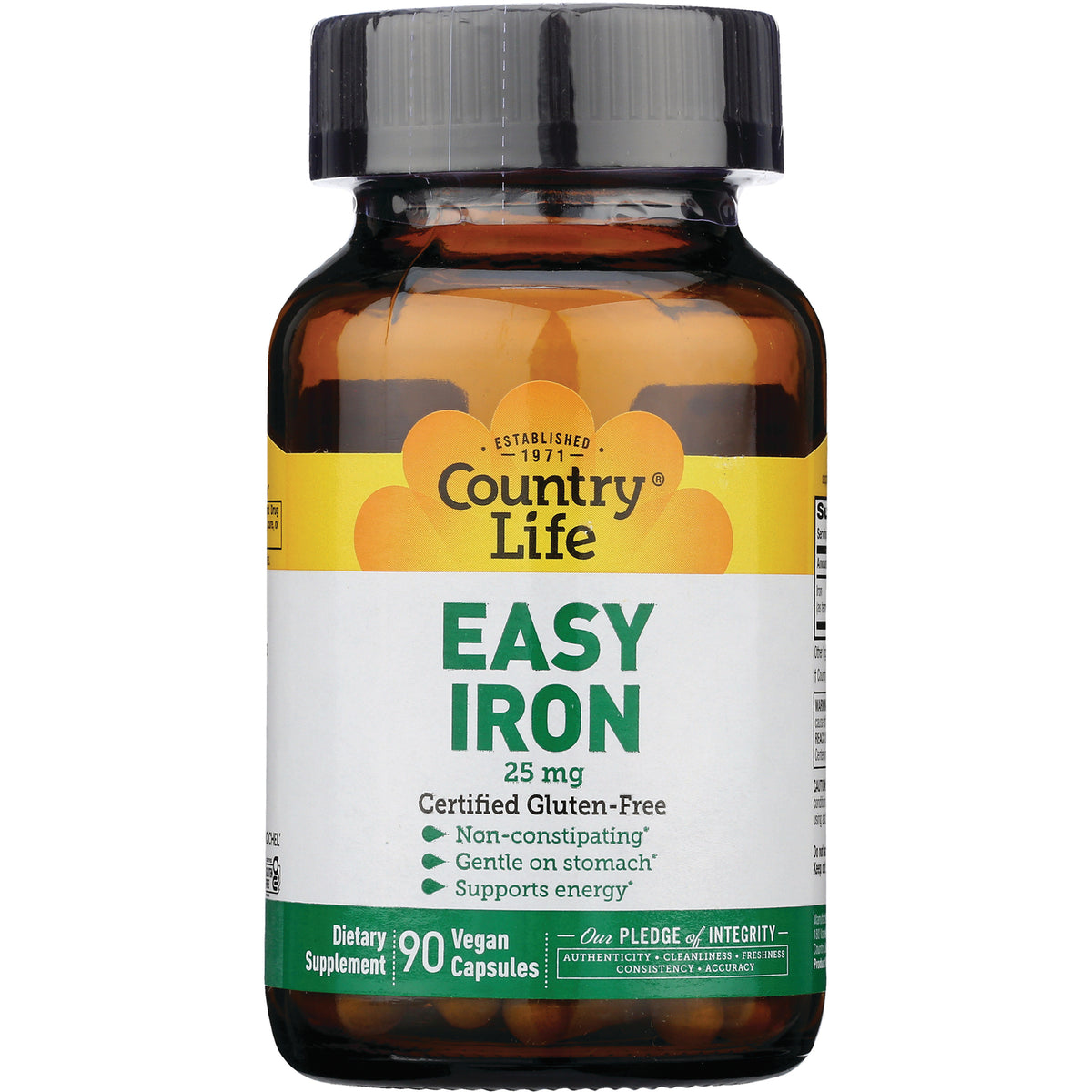 CRL340 | Country Life EASY IRON 25 mg supplement bottle, front label showing 90 vegan capsules