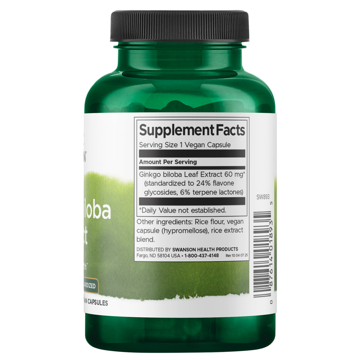 SW893 | Supplement Facts panel for Ginkgo biloba leaf extract 60 mg