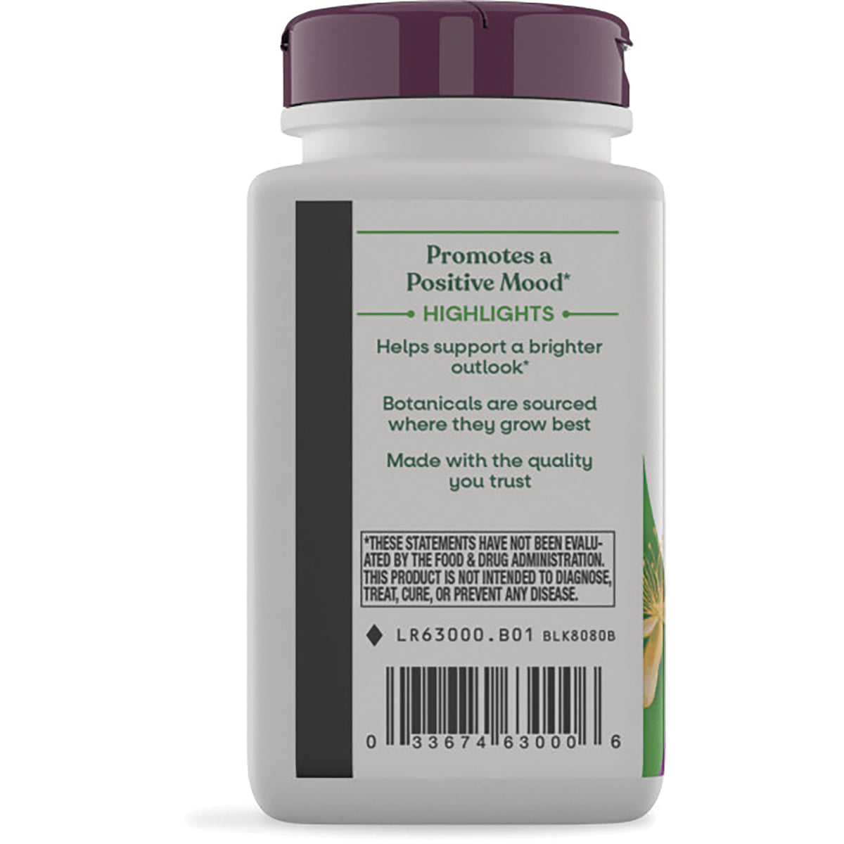 NW533 | Back label of white supplement bottle with heading Promotes a Positive Mood, highlights text and barcode