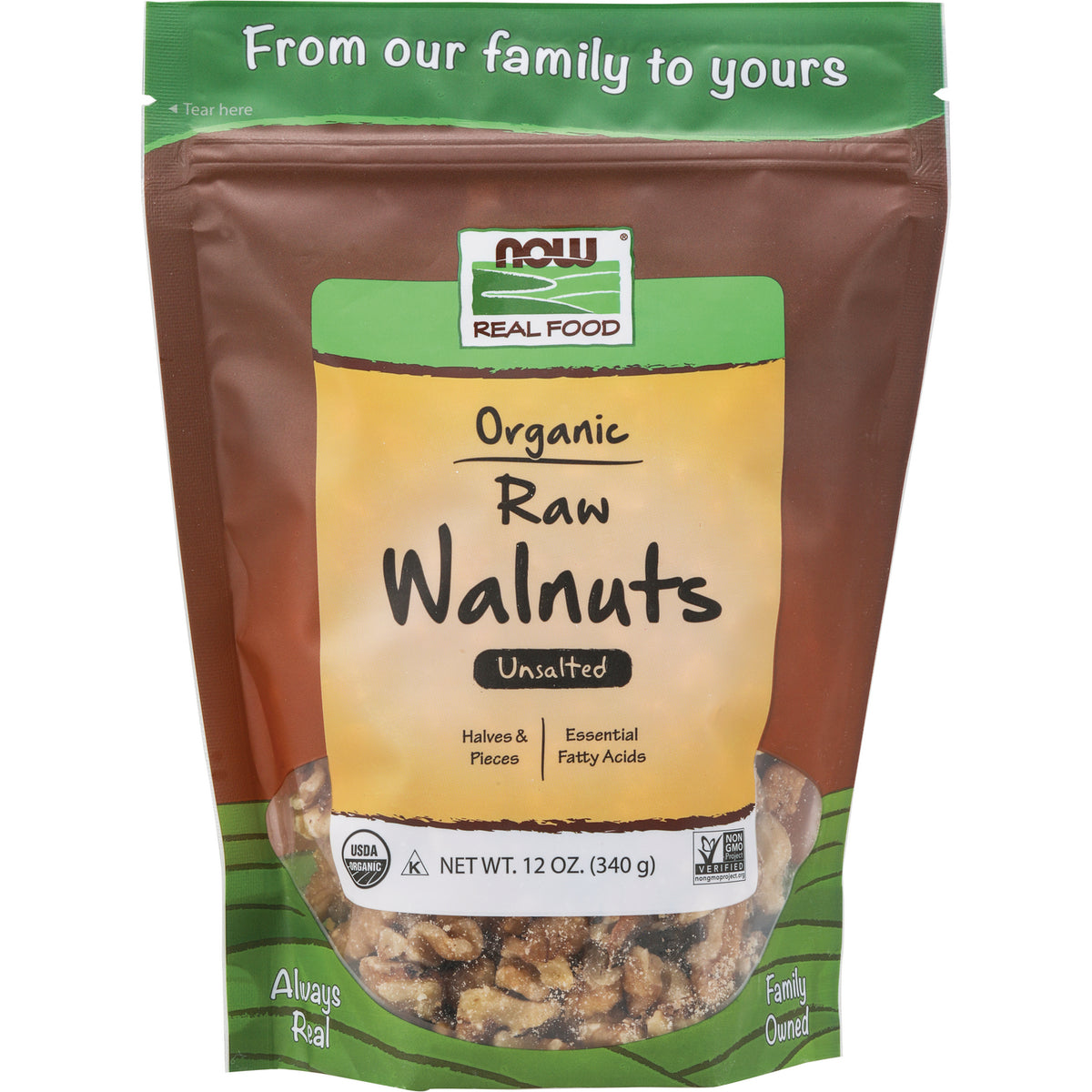 NWF920 | NOW Real Food organic raw walnuts unsalted pouch with clear window showing walnuts