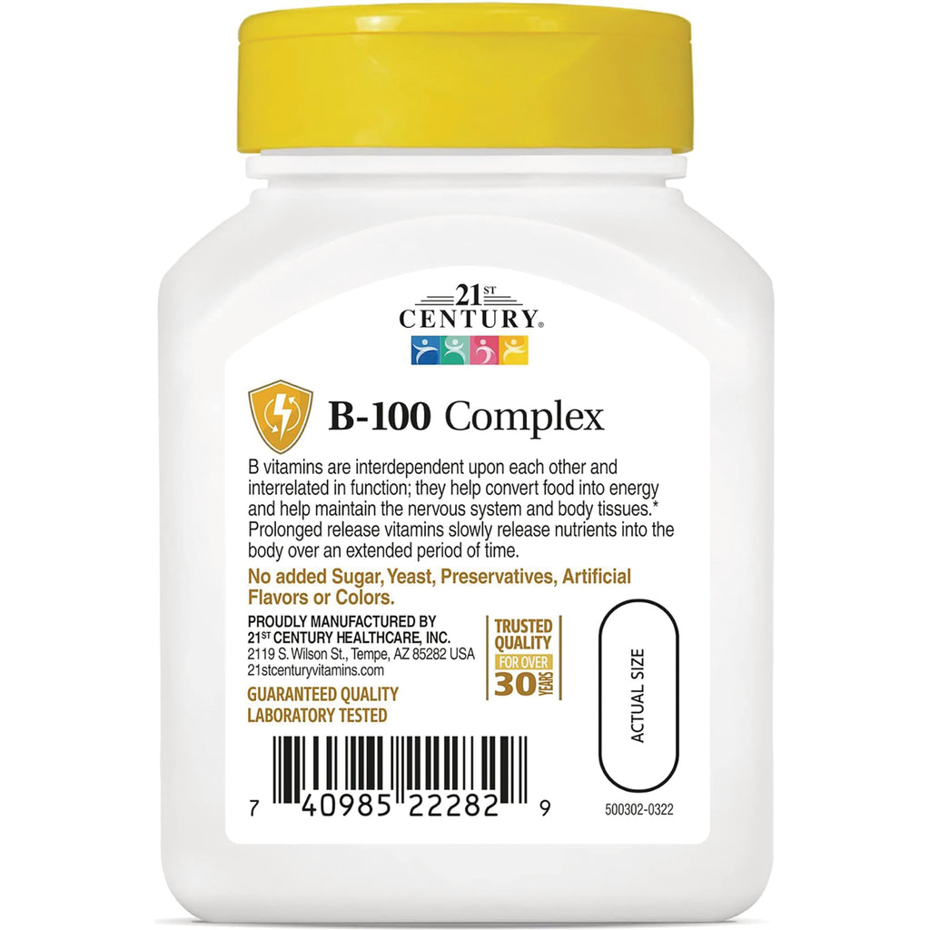 CNT164 | product infographic label for 21st Century B-100 Complex supplement showing claims, barcode, and actual size oval - Thumbnail