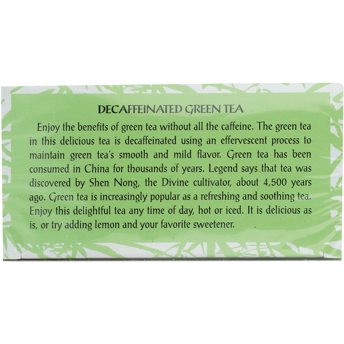 TLT001 | Decaffeinated Green Tea information panel with benefits, history, and serving suggestions