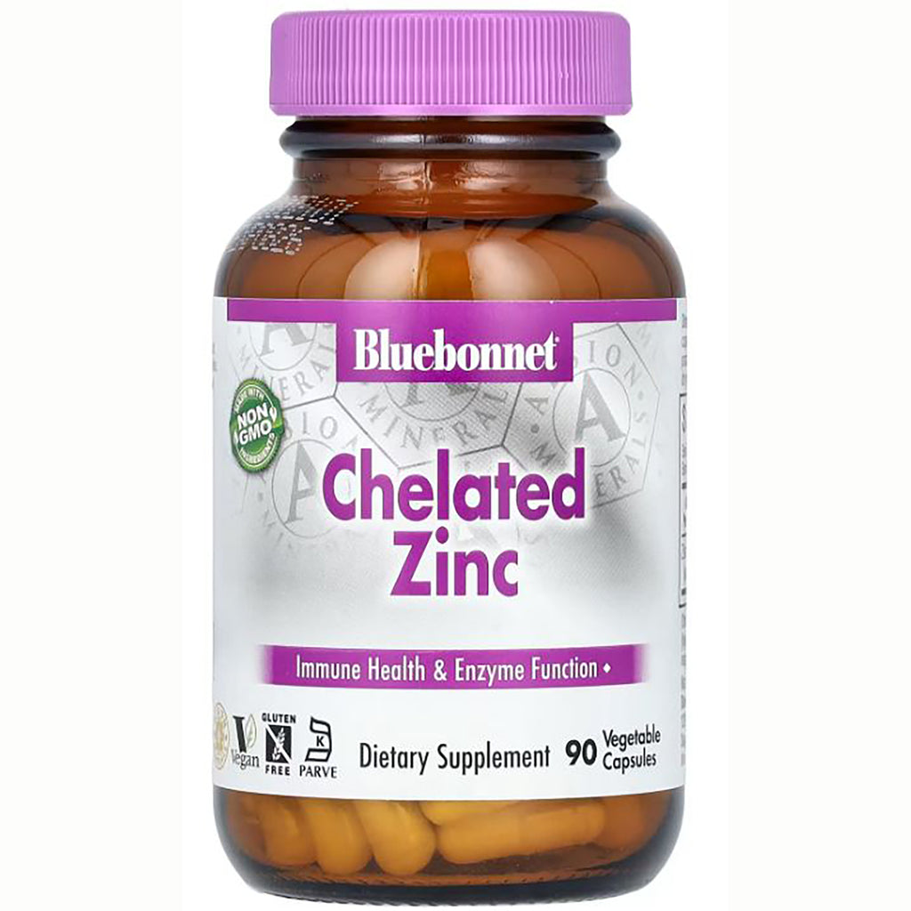 BLU069 | Bluebonnet Chelated Zinc dietary supplement bottle with purple cap, label reading 90 vegetable capsules - Thumbnail