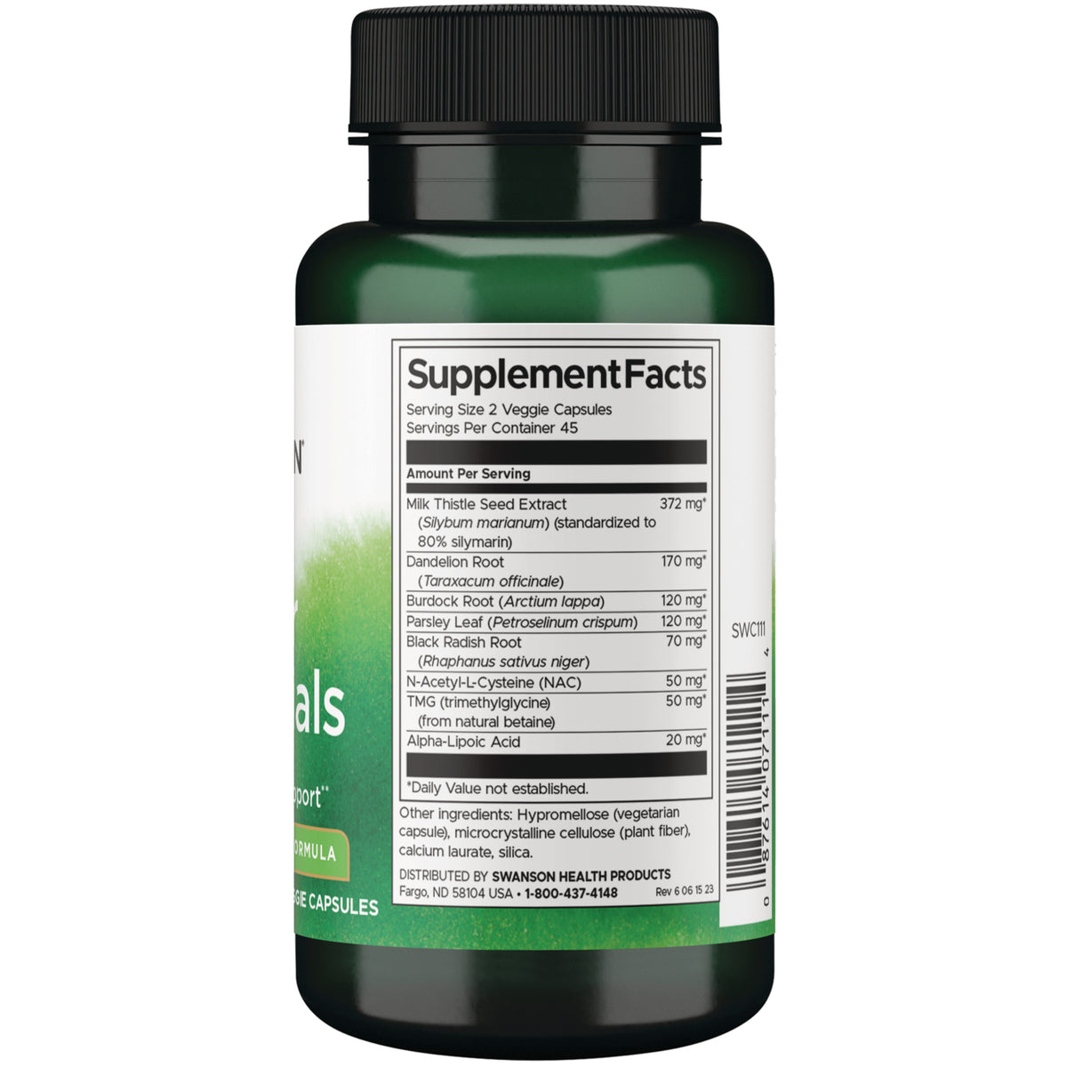 SWC111 | Back of supplement bottle showing Supplement Facts and ingredients list