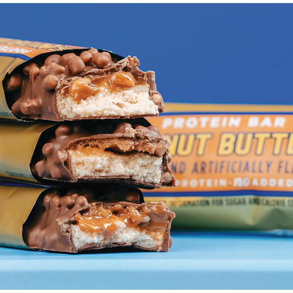 BAE004 | Three stacked chocolate-covered peanut butter protein bars showing caramel and nougat cross-sections - Thumbnail