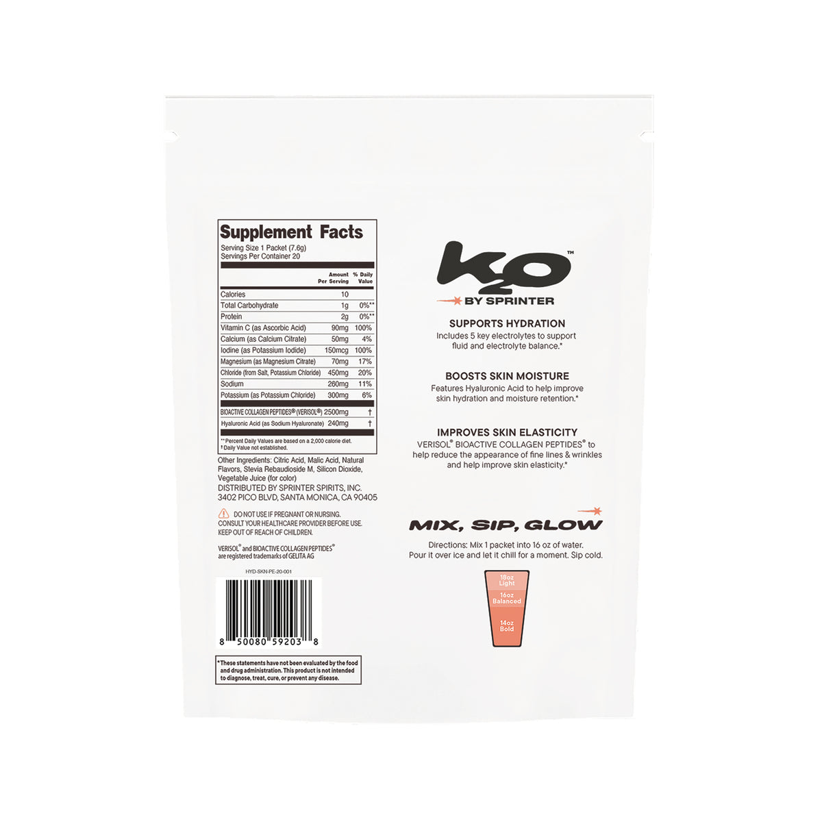 KTO001 | Supplement facts panel for ko by Sprinter hydration packet with usage directions and benefits