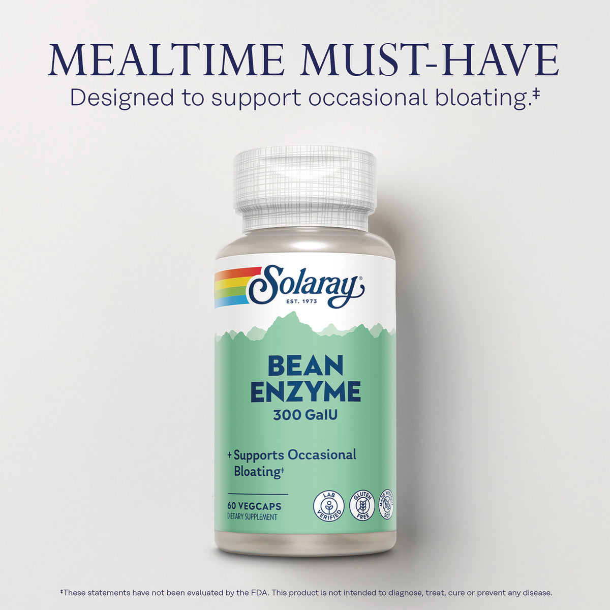 SLR527 | Solaray Bean Enzyme 300 GalU supplement bottle with green label reading BEAN ENZYME and Supports Occasional Bloating