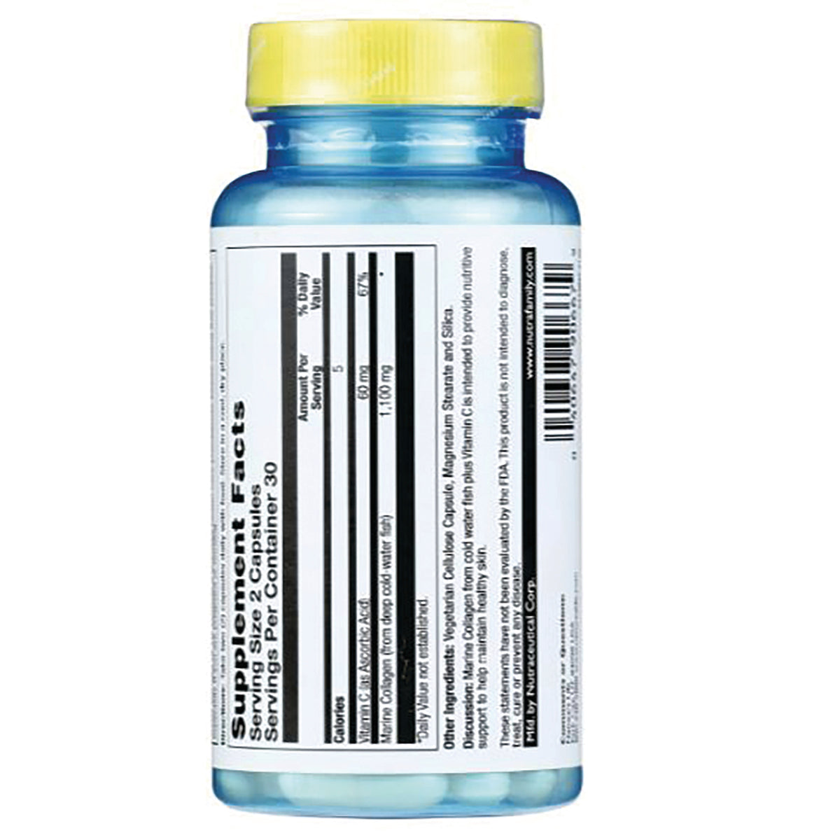 NSL016 | Back label showing supplement facts table and barcode on blue pill bottle