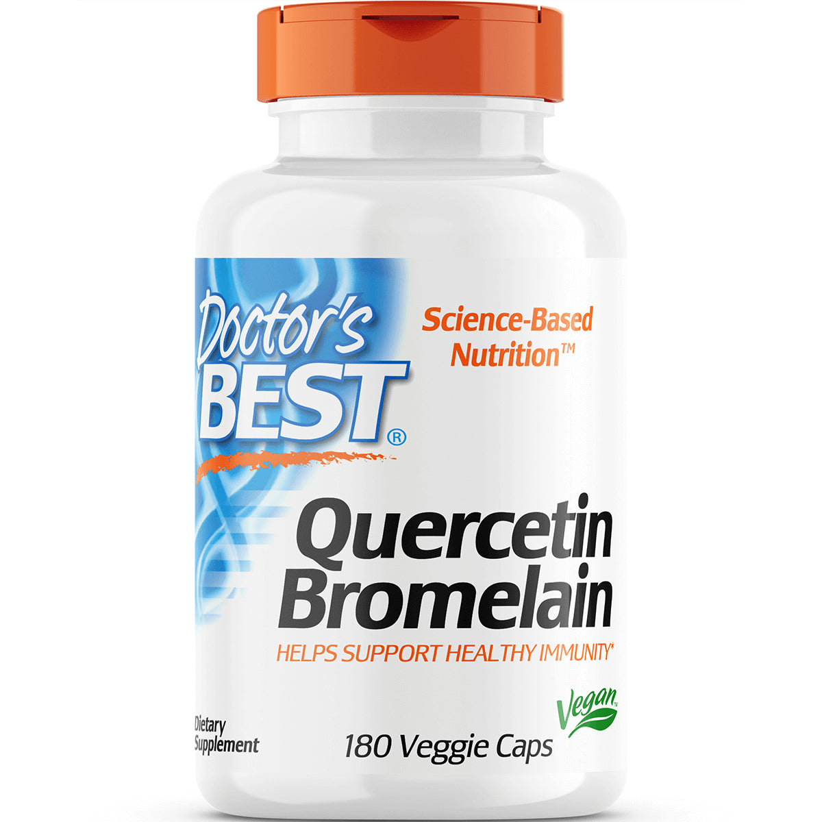 DB115 | Doctor's Best Quercetin Bromelain bottle, 180 veggie caps, white bottle with orange cap, label helps support healthy immunity