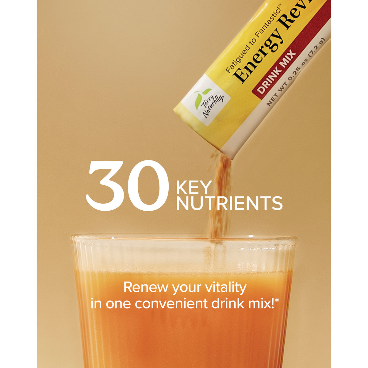 EUR076 | Terry Naturally Energy Rev drink mix pouring into a glass with 30 key nutrients