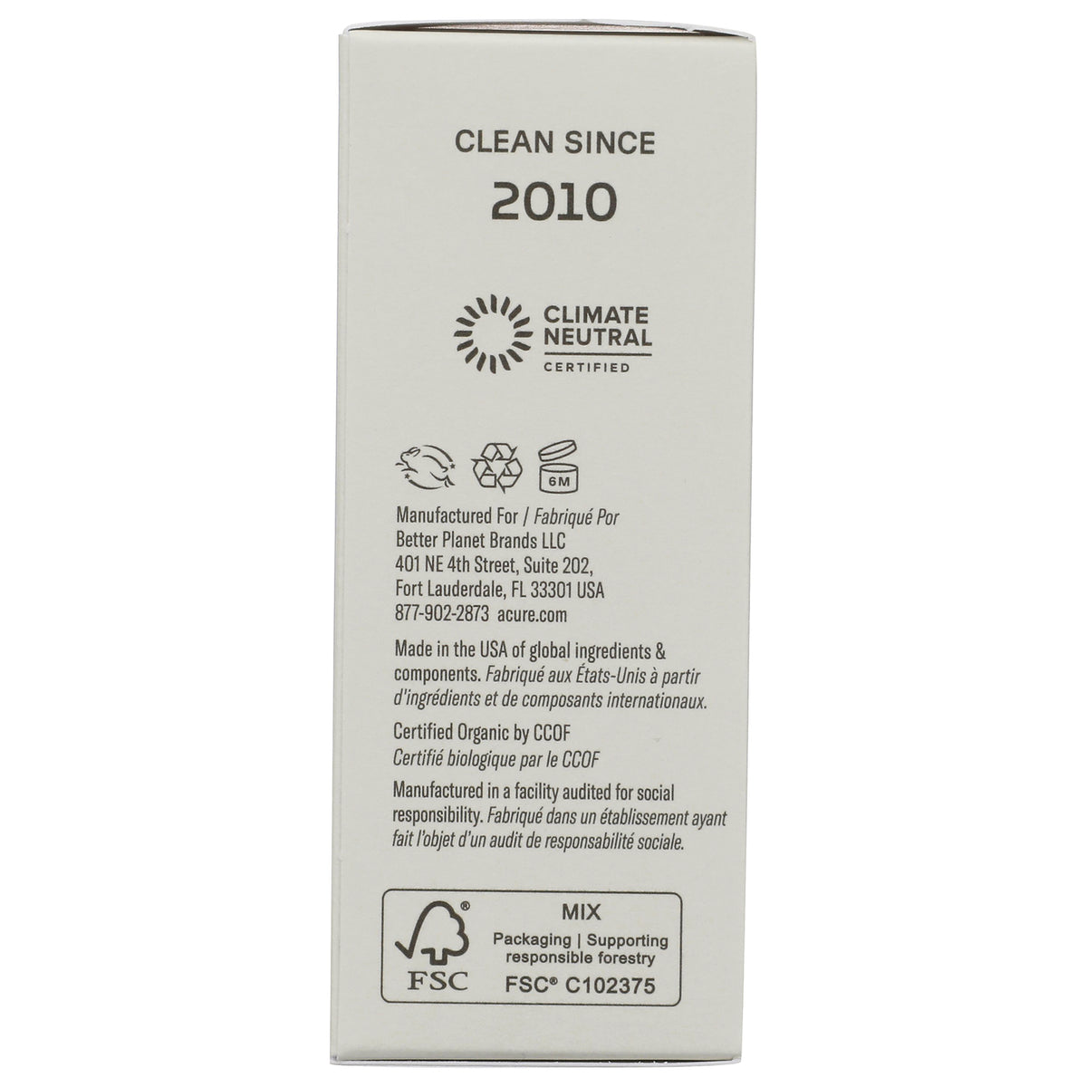 ACR001 | Clean since 2010, Climate Neutral Certified and FSC packaging icons on product box side panel