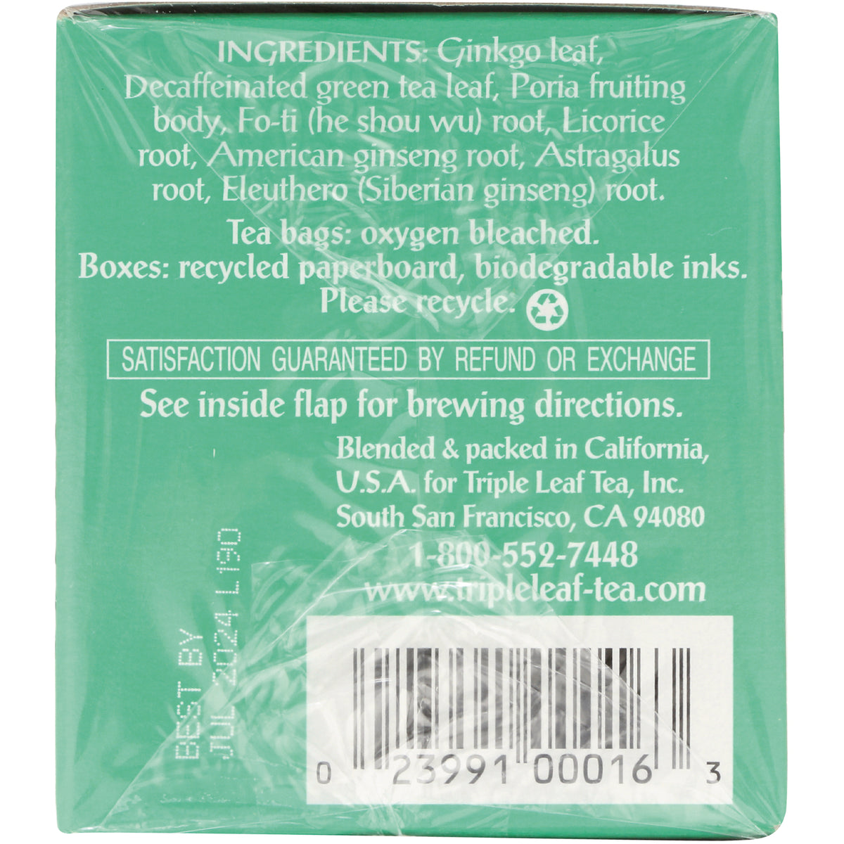 TLT012 | Back of Triple Leaf Tea box with ingredients list, recycle note, satisfaction guarantee, barcode