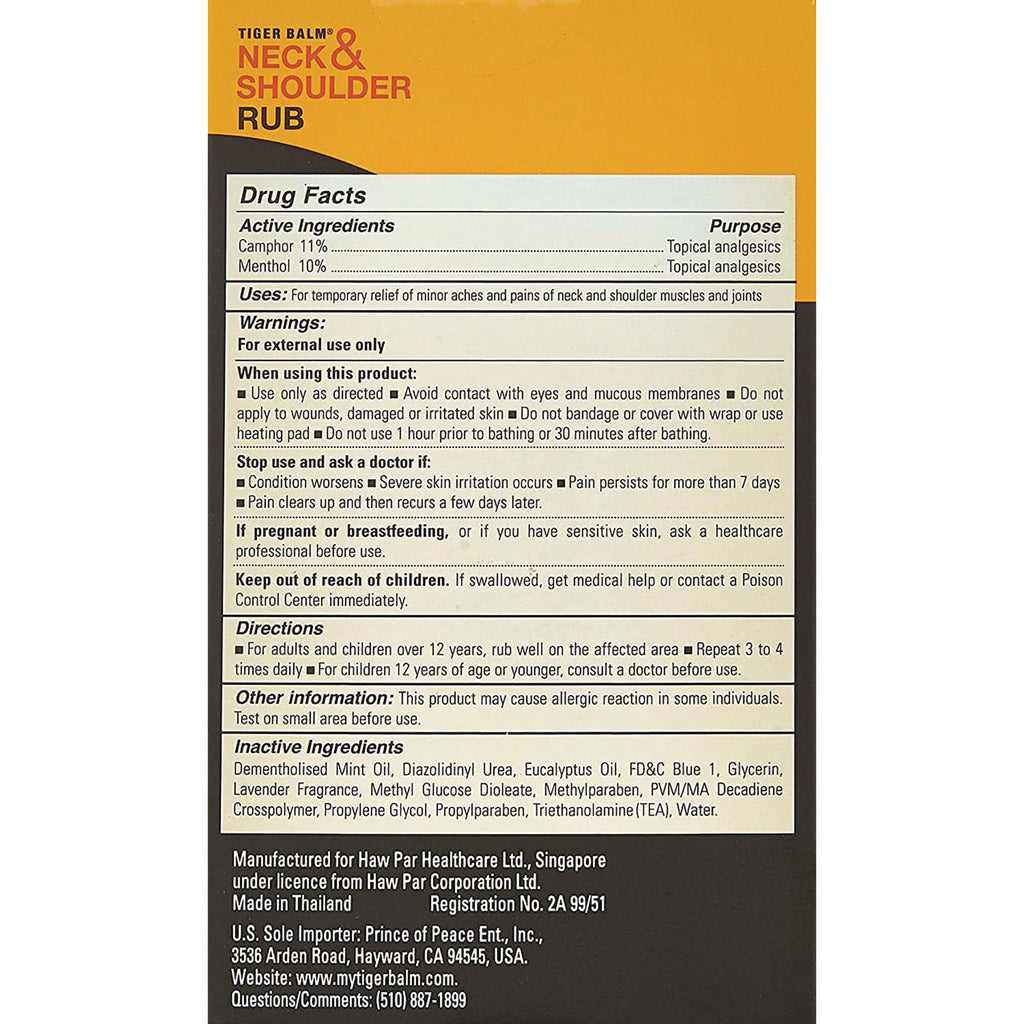 PPC011 | back panel showing drug facts, warnings, directions and inactive ingredients for Tiger Balm Neck & Shoulder Rub - Thumbnail