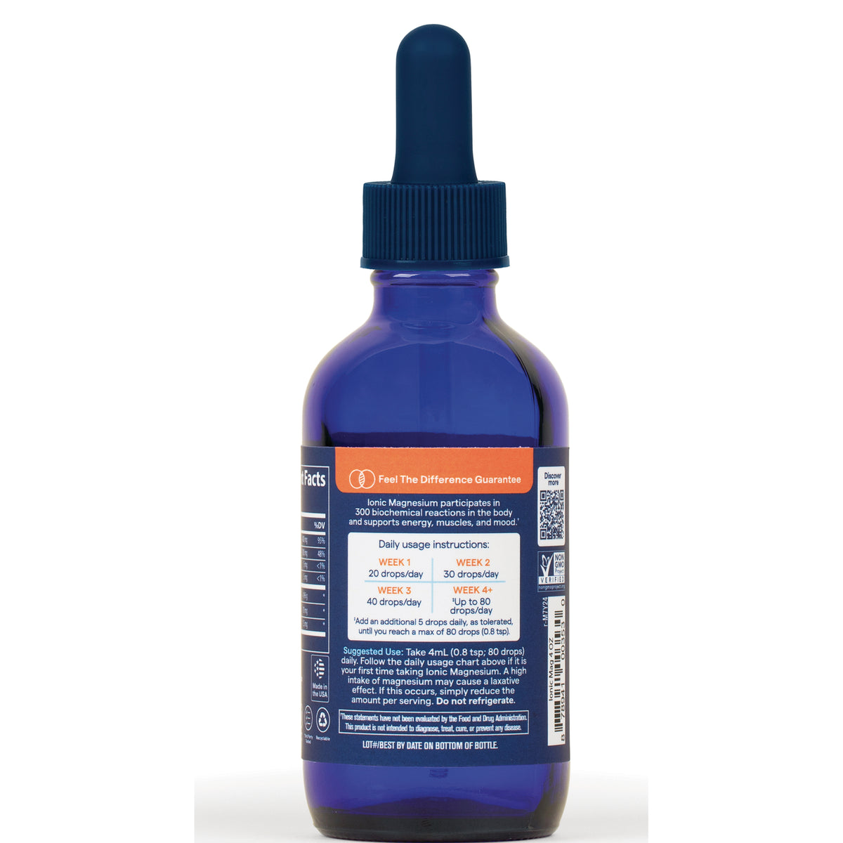 TM080 | Back of blue dropper bottle showing supplement facts, daily usage instructions, and QR code