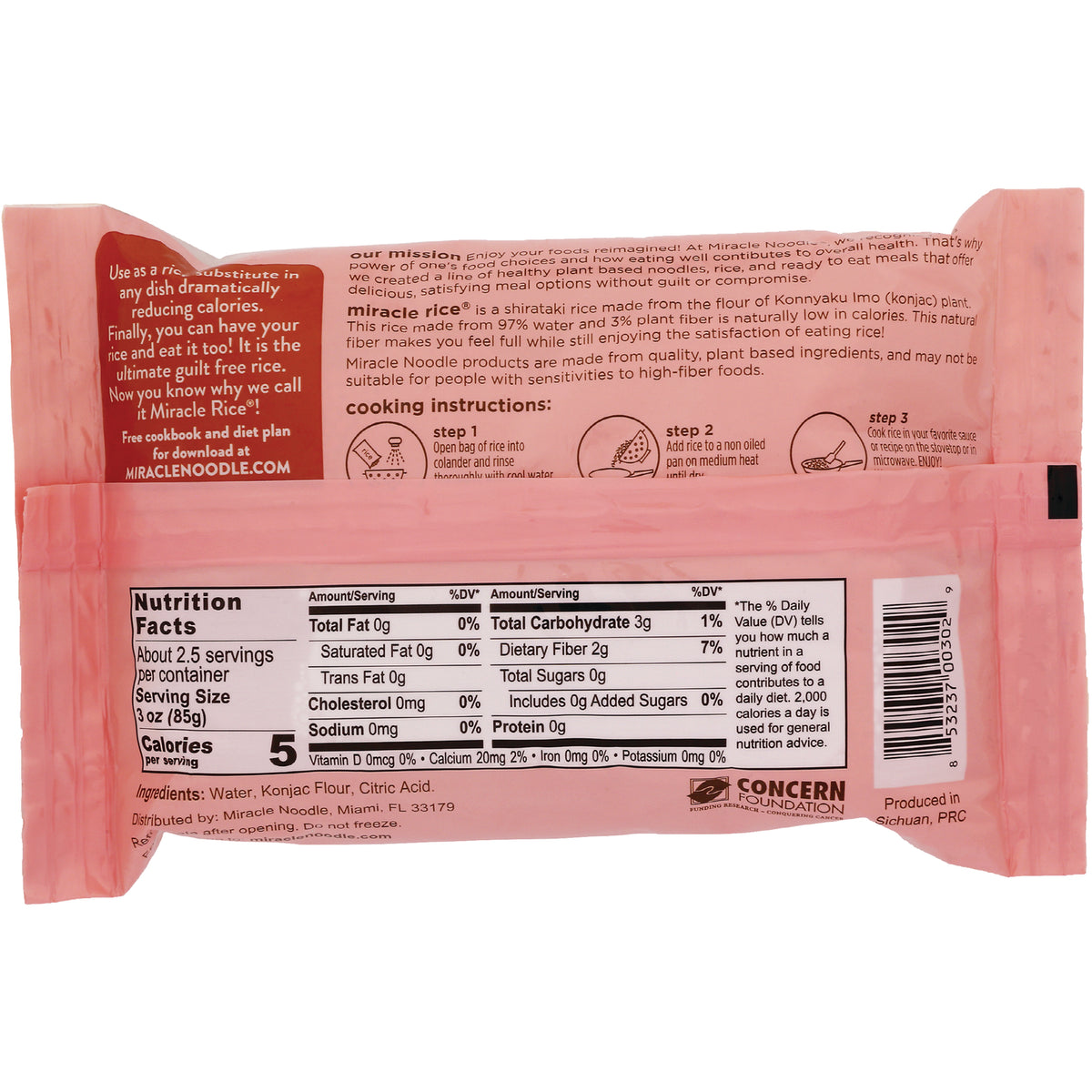 MIR003 | back of pink package showing Nutrition Facts panel, barcode, and cooking instructions
