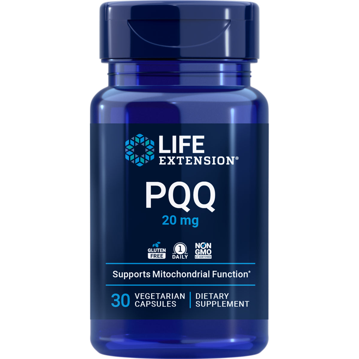 LE198 | blue Life Extension bottle labeled PQQ Caps Pyrroloquinoline Quinone 20 mg 30 vegetarian capsules dietary supplement