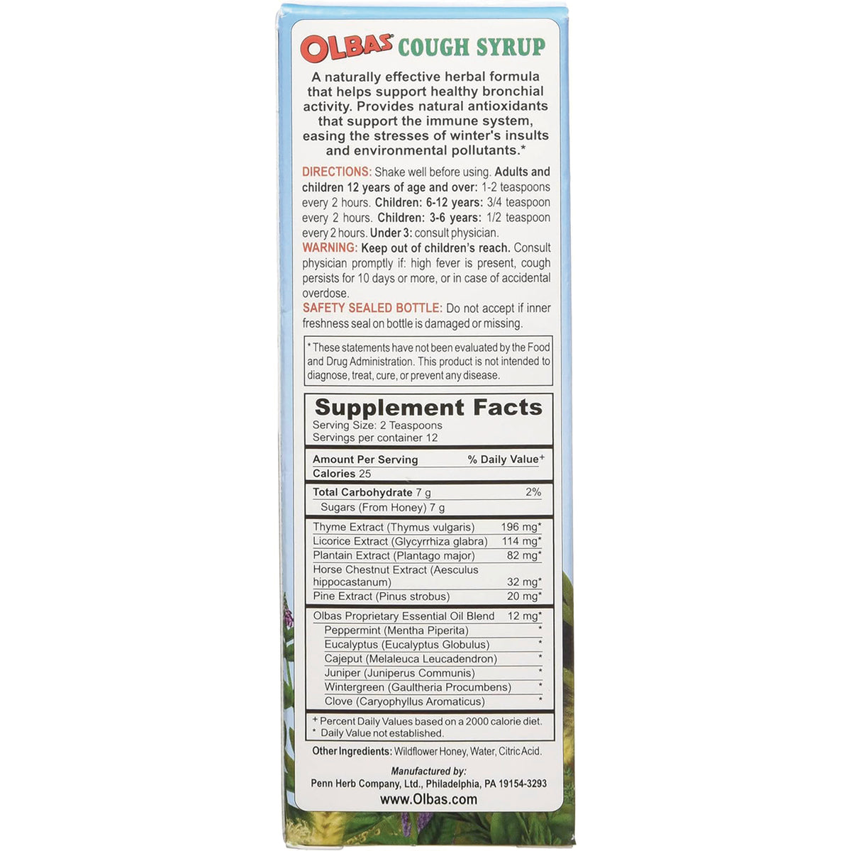 OLB003 | Back panel of Olbas Cough Syrup showing directions, warnings and Supplement Facts label