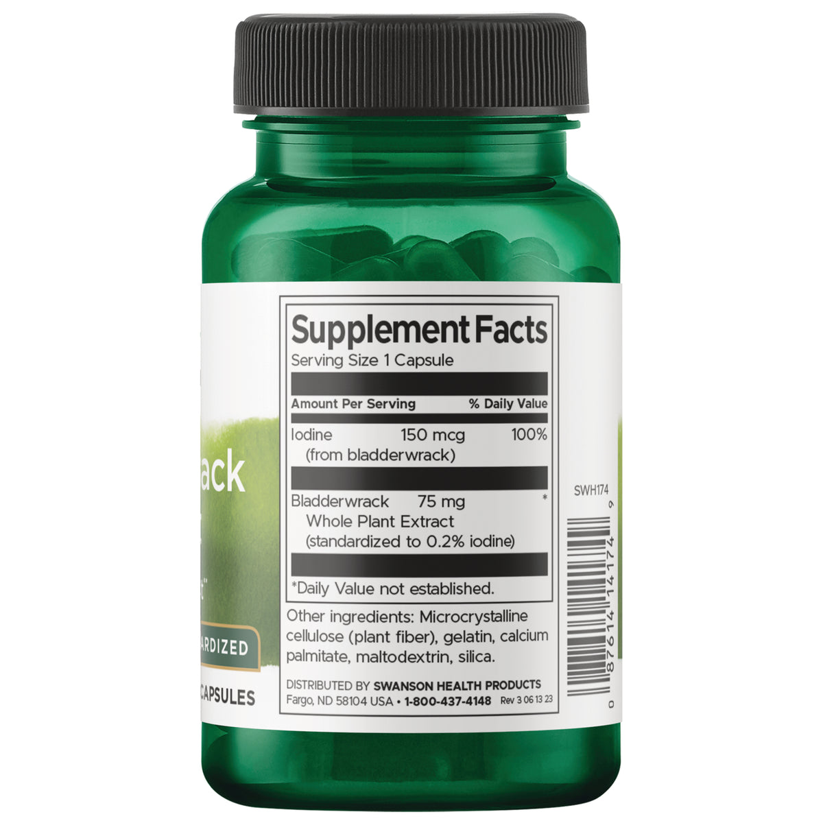 SWH174 | Back label with Supplement Facts for Bladderwrack: Iodine 150 mcg, Bladderwrack 75 mg