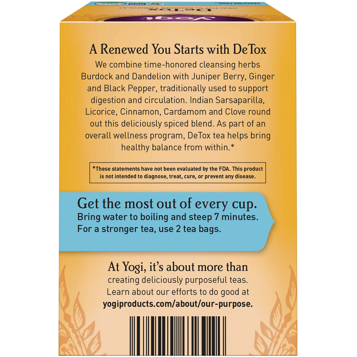 AHW003 | Back of DeTox tea box with product story, FDA statement, brewing directions, and barcode