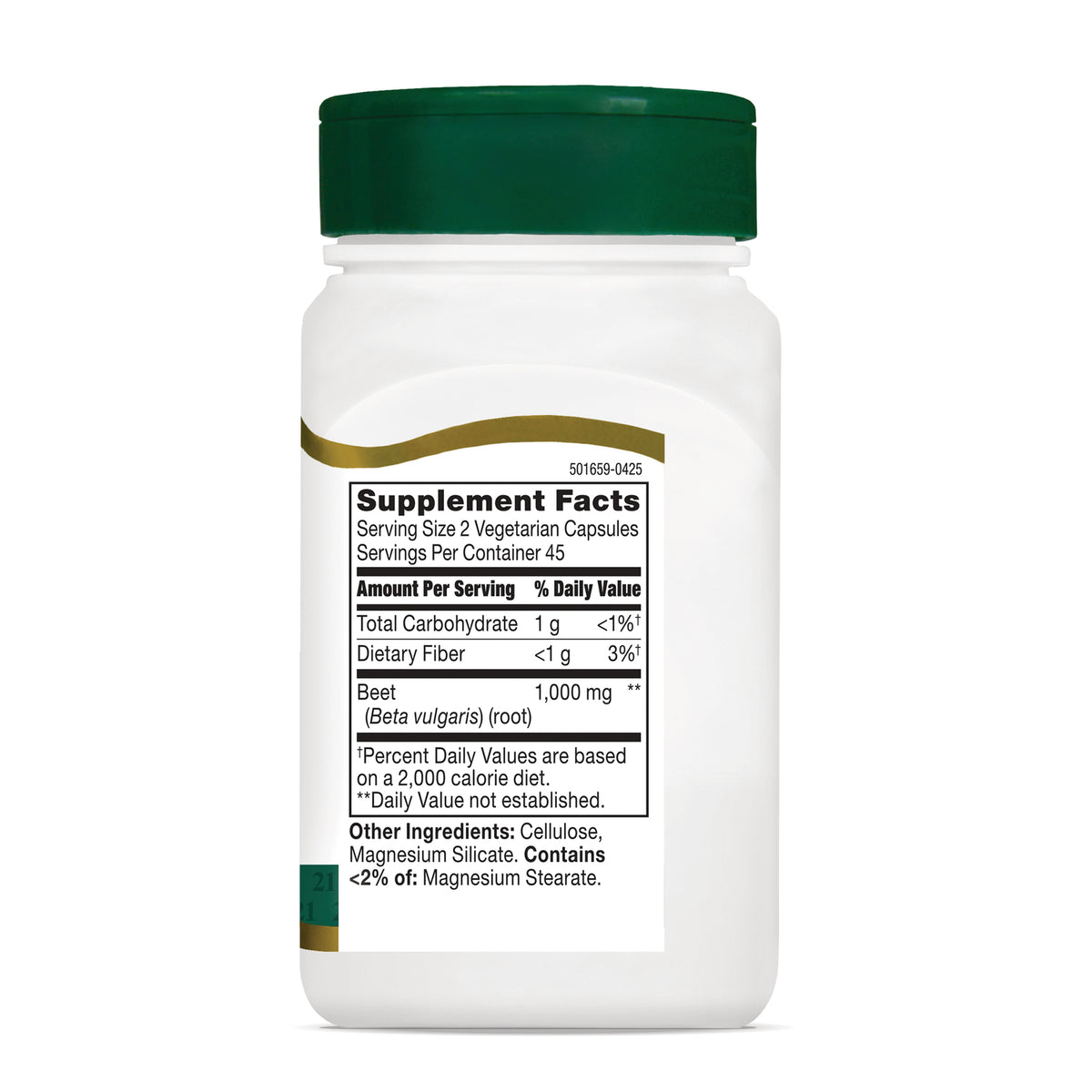 CNT294 | back of white supplement bottle showing Supplement Facts label with Beet 1,000 mg and other ingredients